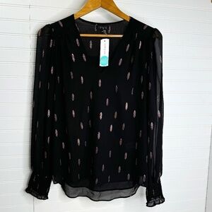 NWT 1. State Smocked Sleeve V Neck Foil Blouse Black Medium